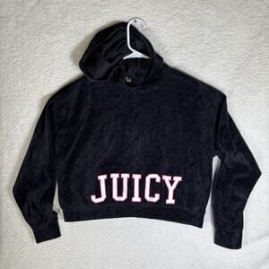 Juicy Couture Crop Hoodie Sweatshirt Womens Small Black Velour Velvet Soft